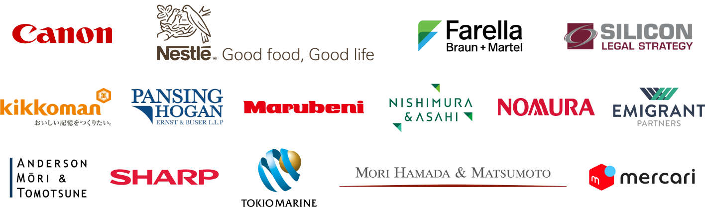 Canon, Nestle, Farella Braun + Martel, Silicon Legal Strategy, Kikkoman, Sharp, and more.